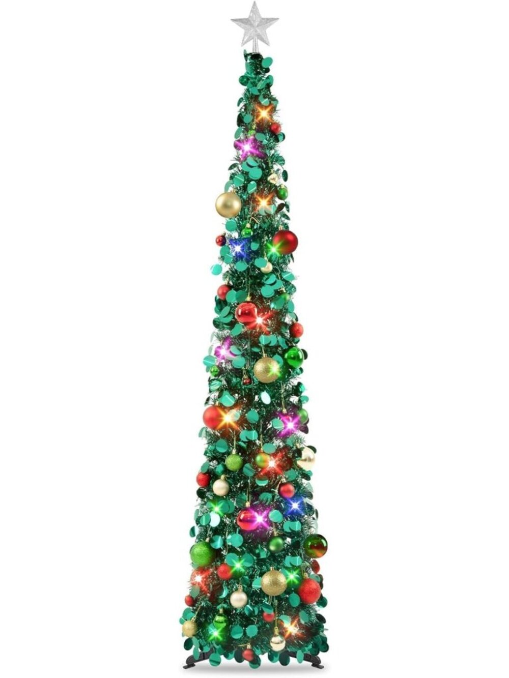 6Ft Pop Up Christmas Tree with Lights & 40 Ornaments - Collapsible Tinsel